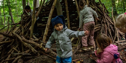 Børn bygger hytte af grene